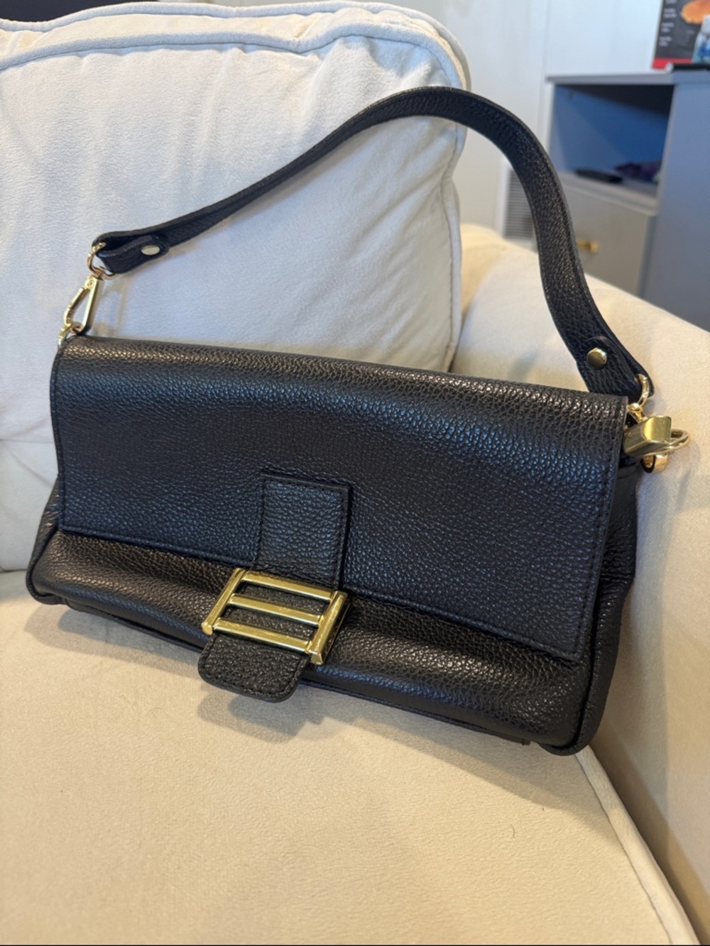 Black Pebbled Leather Shoulder Bag with Gold Buckle